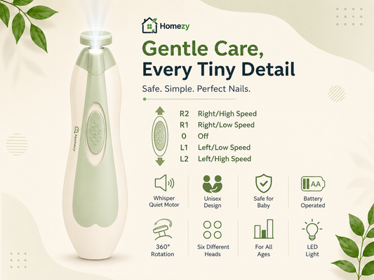 Homezy Smart Electric Baby Nail Trimmer – Safe & Gentle Nail Care Kit with LED Light and 6 Grinding Heads for Babies, Kids & Adults