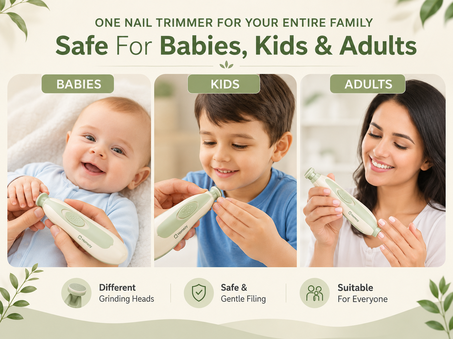 Homezy Smart Electric Baby Nail Trimmer – Safe & Gentle Nail Care Kit with LED Light and 6 Grinding Heads for Babies, Kids & Adults