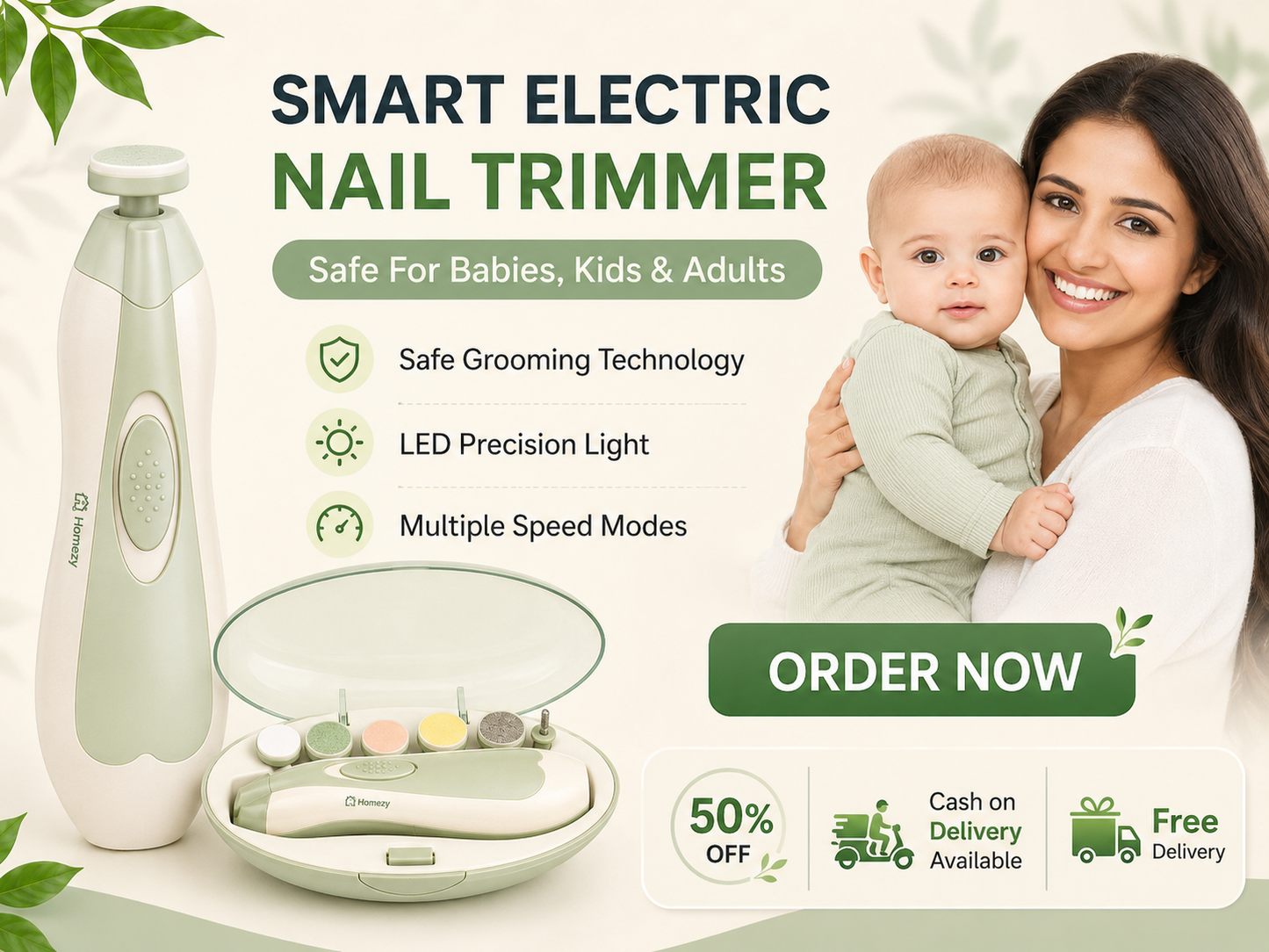 Homezy Smart Electric Baby Nail Trimmer – Safe & Gentle Nail Care Kit with LED Light and 6 Grinding Heads for Babies, Kids & Adults