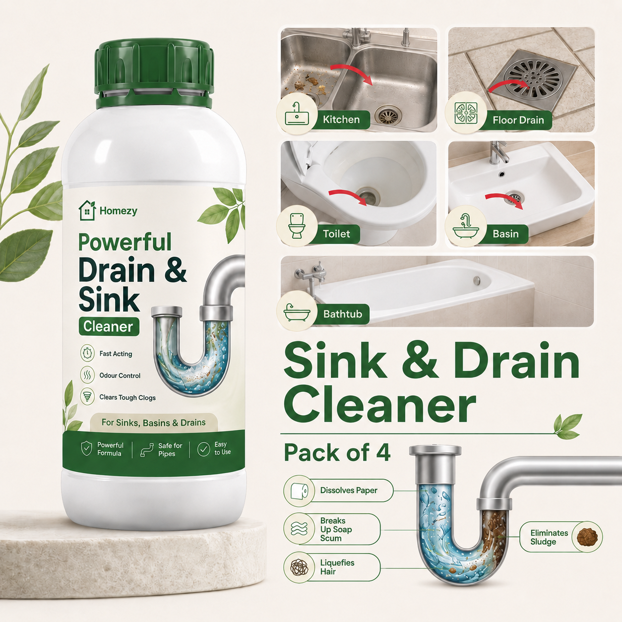 Homezy Powerful Drain & Sink Cleaner – Fast Acting Clog Remover for Kitchen, Bathroom, Toilet & Pipes– Pack of 4