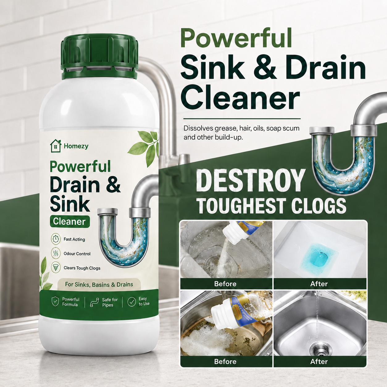 Homezy Powerful Drain & Sink Cleaner – Fast Acting Clog Remover for Kitchen, Bathroom, Toilet & Pipes– Pack of 4