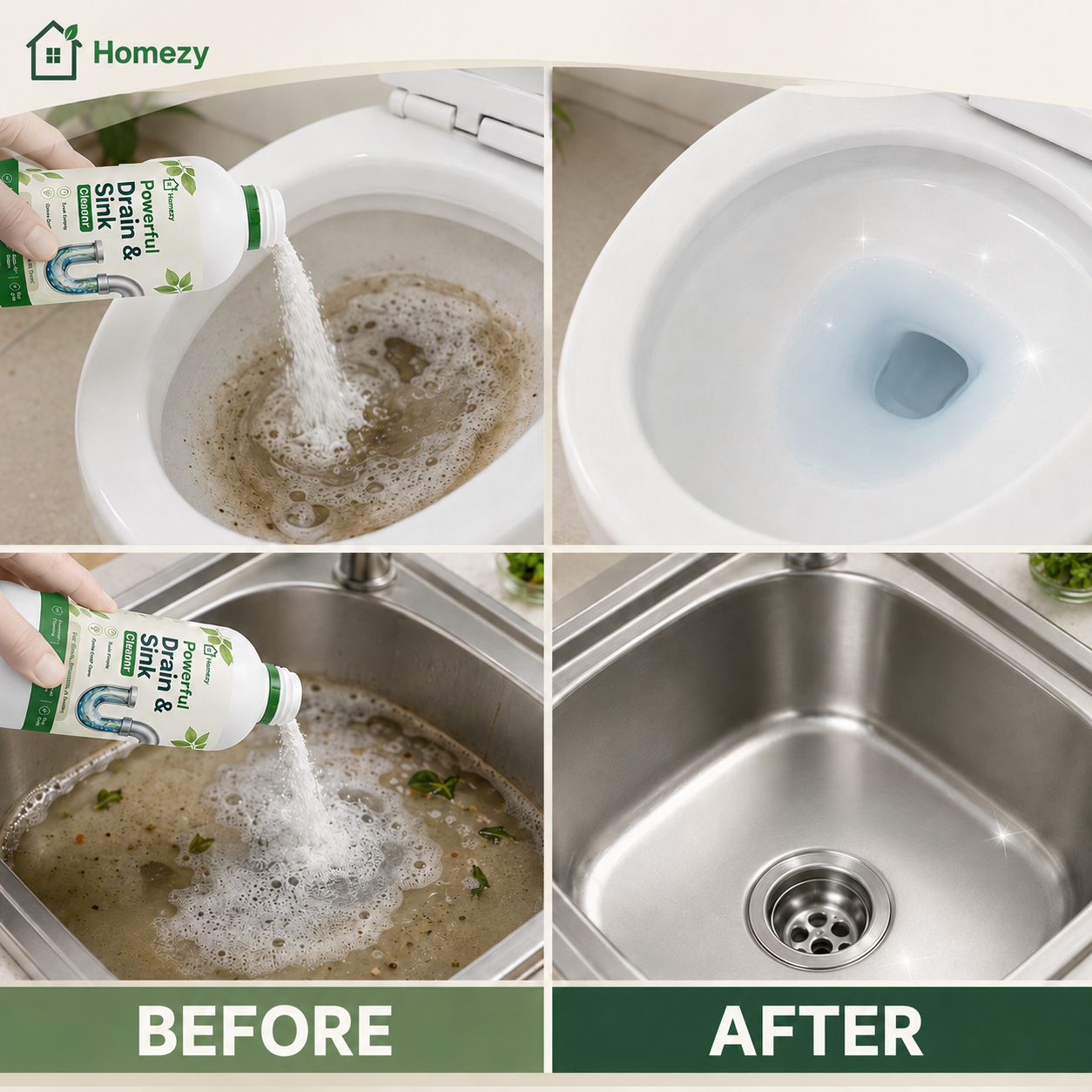 Homezy Powerful Drain & Sink Cleaner – Fast Acting Clog Remover for Kitchen, Bathroom, Toilet & Pipes– Pack of 4
