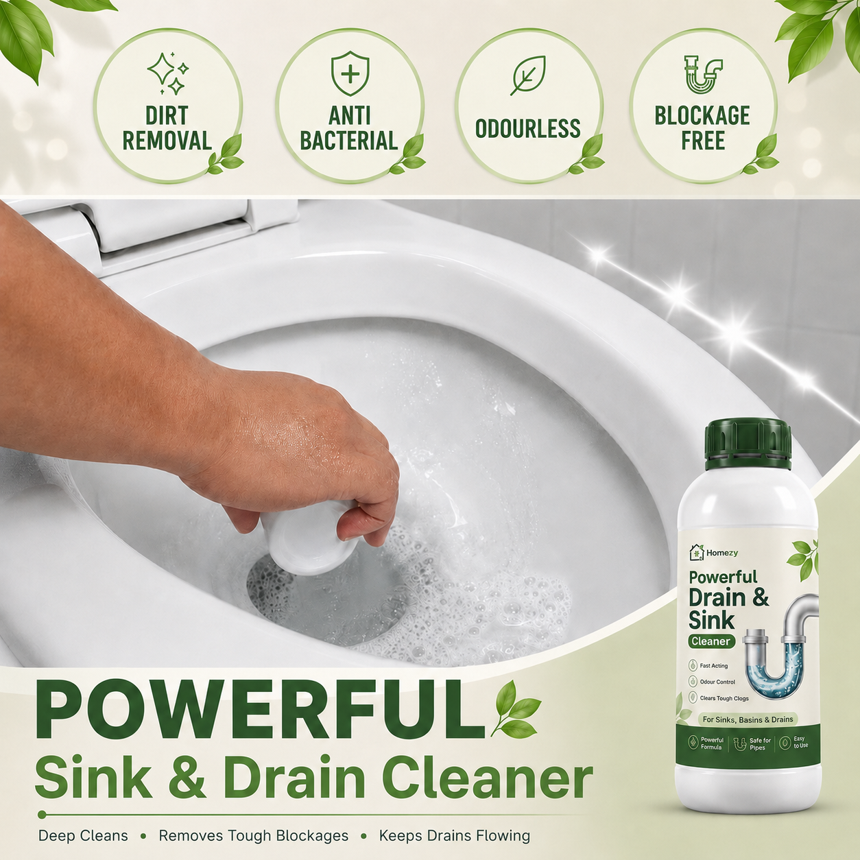 Homezy Powerful Drain & Sink Cleaner – Fast Acting Clog Remover for Kitchen, Bathroom, Toilet & Pipes– Pack of 4