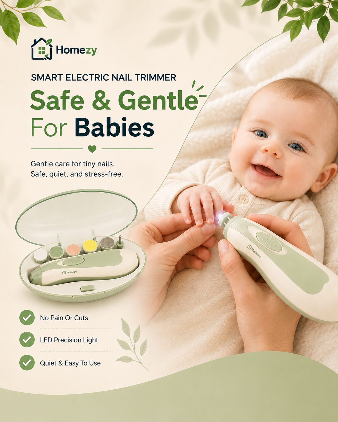 Homezy Smart Electric Baby Nail Trimmer – Safe & Gentle Nail Care Kit with LED Light and 6 Grinding Heads for Babies, Kids & Adults